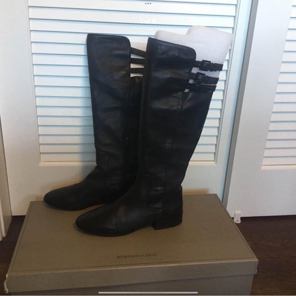 BCBG Black Knee-High Leather Boots with Triple Buckle Detail